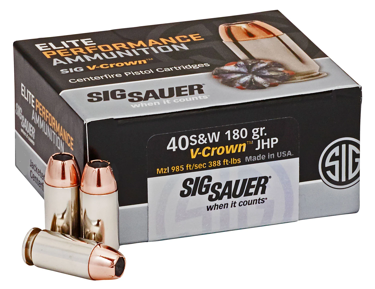 Sig Sauer E40SW250 Elite Performance 40S&W 180gr V-Crown Jacketed Hollow Point 50 Per Box/10 Case