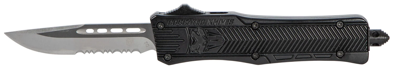 CobraTec Knives SBCTK1SDS CTK-1 Small 2.75" OTF Drop Point Part Serrated D2 Steel Blade/ Black Aluminum Handle Features Glass Breaker Includes Pocket Clip