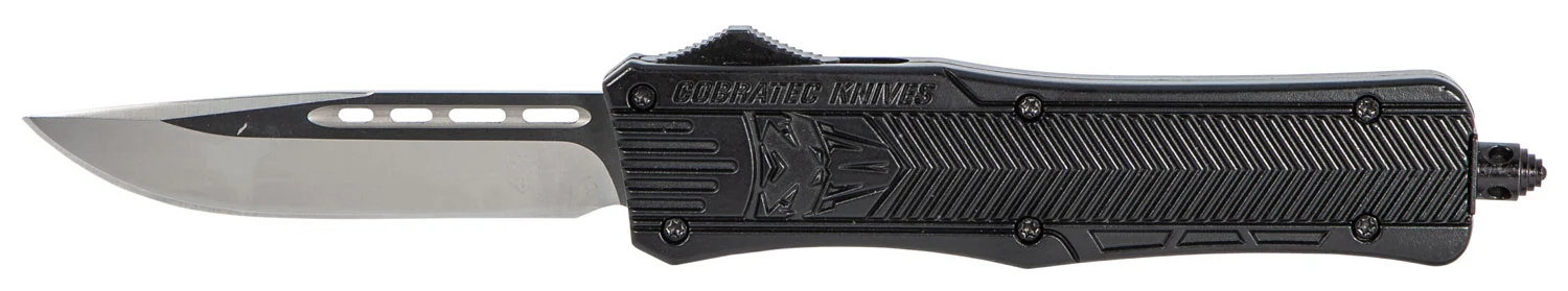 CobraTec Knives MBCTK1MDNS CTK-1 Medium 3" OTF Drop Point Plain D2 Steel Blade/Black Aluminum Handle Features Glass Breaker Includes Side Button