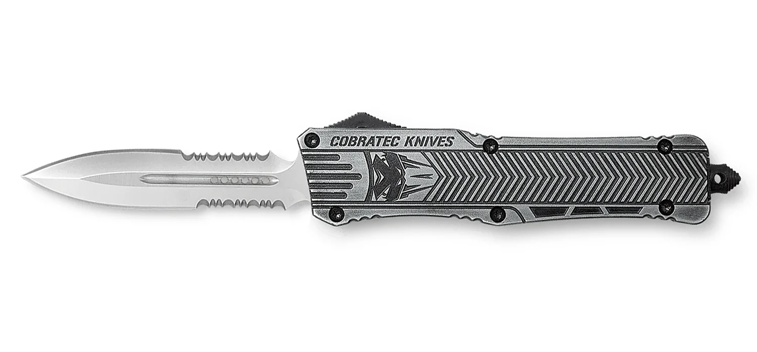 CobraTec Knives LSWCTK1LDG2SS CTK-1 Large 3.75" OTF Dagger Part Serrated D2 Steel Blade/ Stonewashed Aluminum Handle Features Glass Breaker Includes Pocket Clip