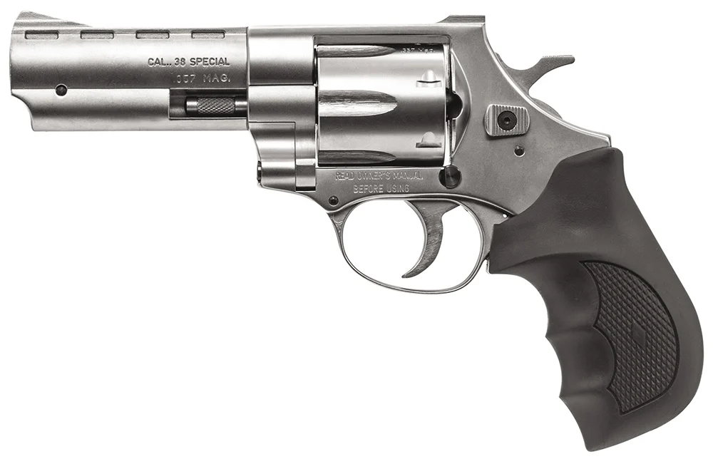Weihrauch Guns 770128 Windicator Medium Frame 357 Mag 6 Shot, 4" Nickel Steel Barrel, Nickel Cylinder, Nickel Steel Frame, Black Finger Grooved Rubber Grip, Spurred Hammer