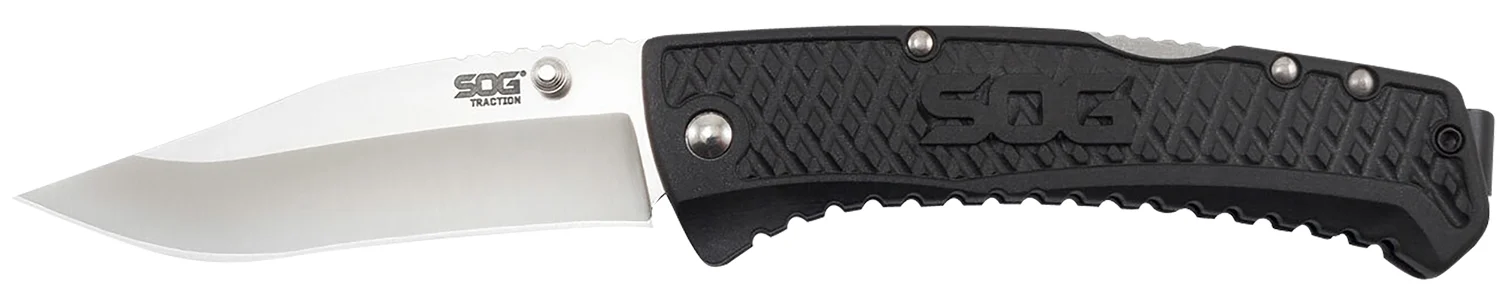 S.O.G SOG-TD1011-C Traction 3.50" Folding Clip Point Plain Satin 5Cr13MoV SS Blade Black Textured GRN Handle Includes Pocket Clip