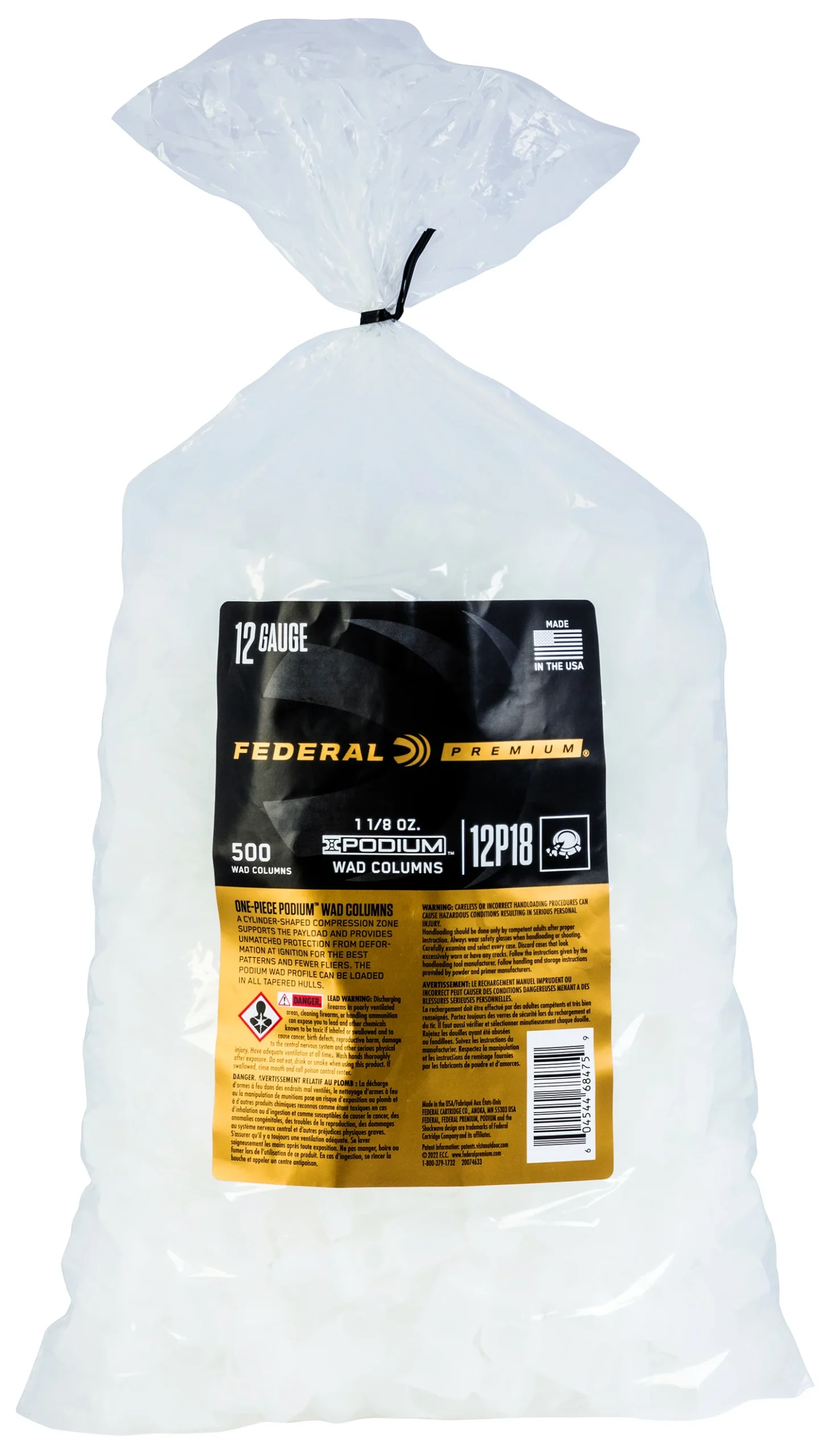 Federal 12P18 Podium Wad Premium 12Gauge 1 1/8oz White Plastic 500/ 10