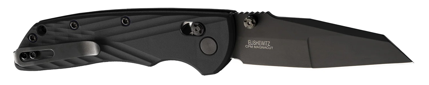 Hogue Deka 3.25" Folding Wharncliffe Plain Black Cerakote CPM MagnaCut SS Blade, Black Crosshatch Textured GRN Handle, Includes Pocket Clip
