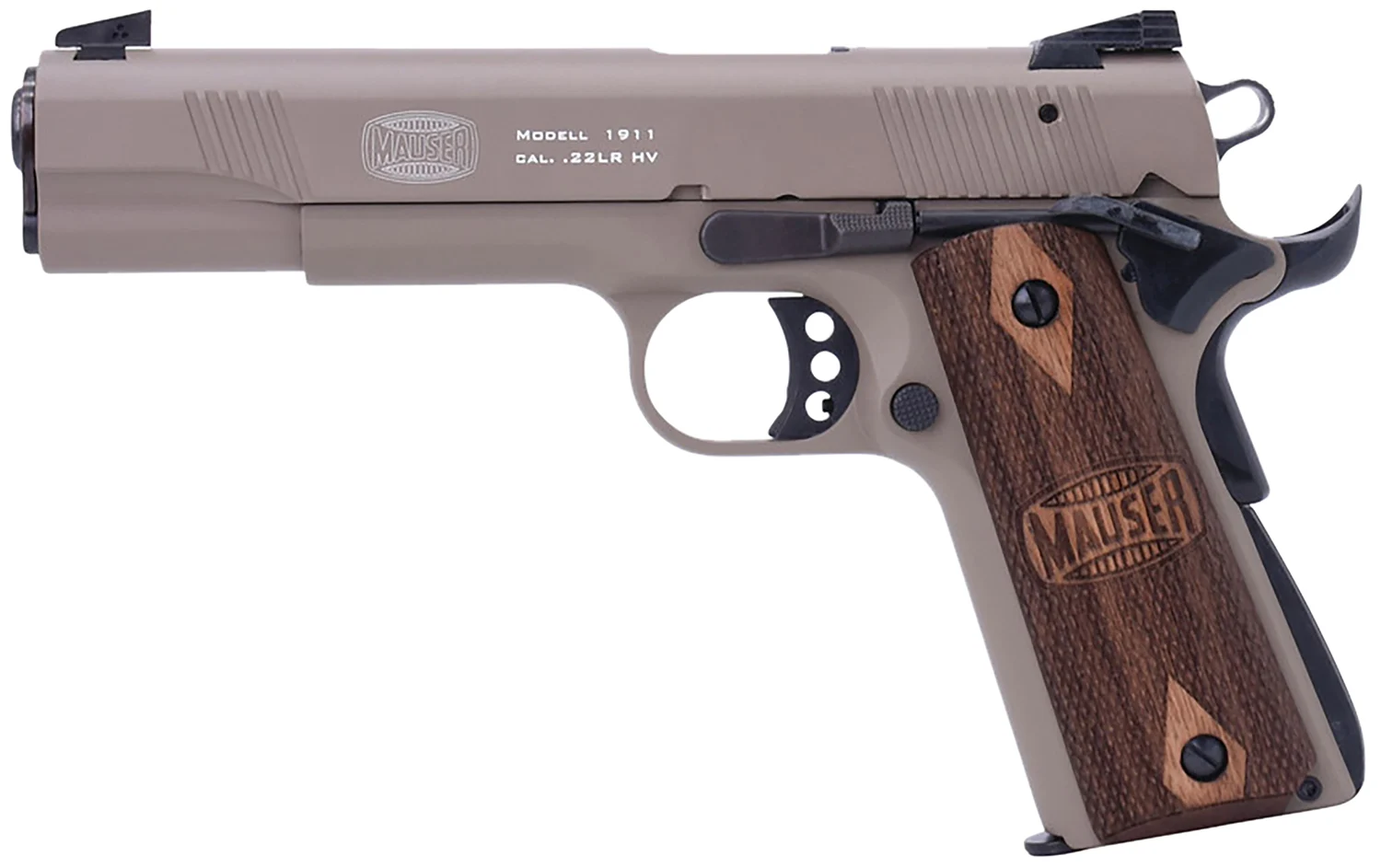 Mauser Rimfire 4110604 1911 22 LR 10+1 5" Black Steel Barrel, Tan Serrated Aluminum Slide, Tan Aluminum Frame w/Beavertail, Walnut Grip, Ambidextrous