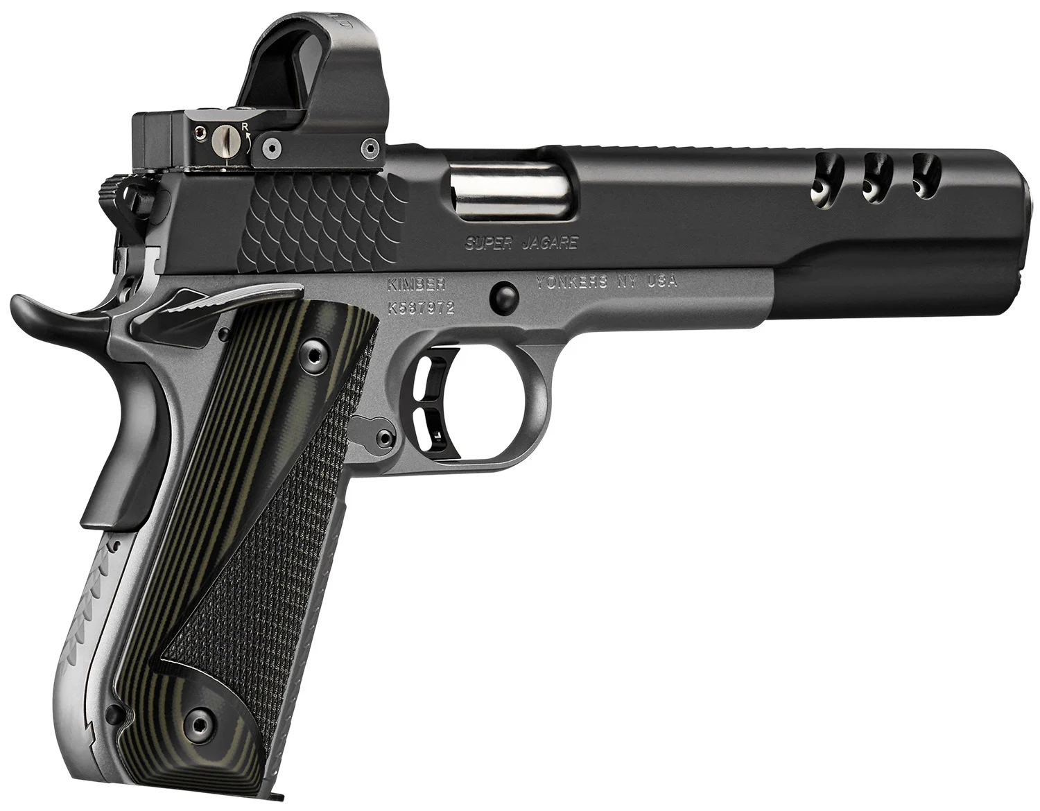 Kimber Mfg, Inc 3000278 Super Jagare w/Optic 10mm Auto 8+1 6" Stainless Match Grade Barrel, Diamond Carbon Coating Ported/Serrated Stainless Steel Slide, Kimpro II Gray Micarta Grip, Delta Pro Red Dot