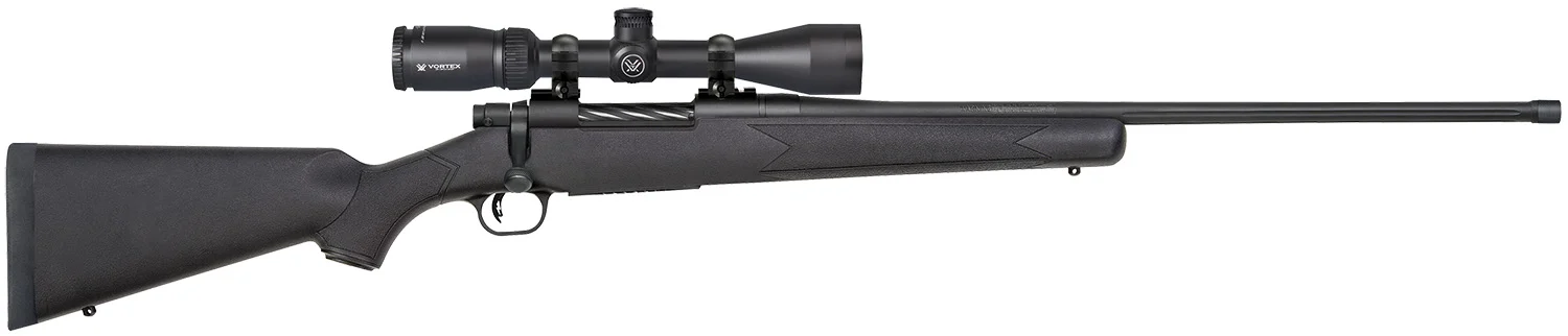 Mossberg 28249 Patriot w/Optic 7mm PRC 3+1 24" Matte Blued Threaded Barrel, Matte Blued Drilled & Tapped Receiver, Fixed Black Synthetic Stock, Vortex Crossfire II 3-9x40mm