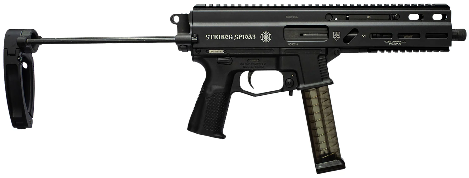 Grand Power 197892004855 SP10A3 Stribog 10mm Auto 20+1 8" Black Threaded Barrel, Black Aluminum Picatinny Rail Receiver, Black Polymer PDW Tailhook Brace, Black Polymer Grip, Thread Protector