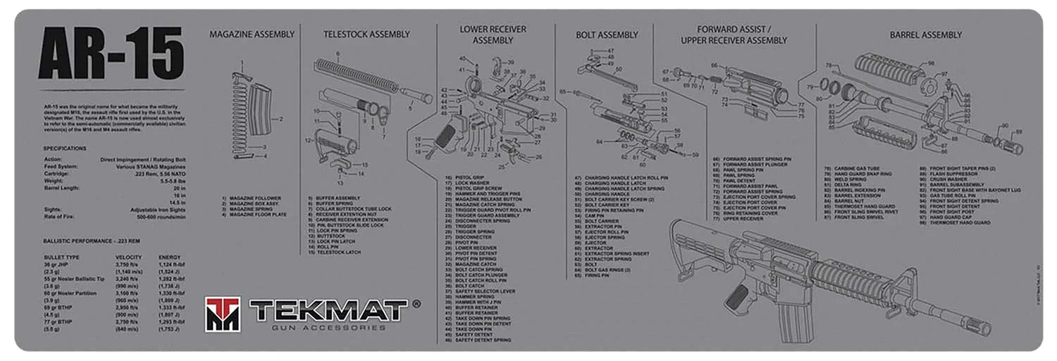 TekMat TEKR36AR15GY AR-15 Cleaning Mat Gray Rubber 12"x36" AR-15 Parts Diagram