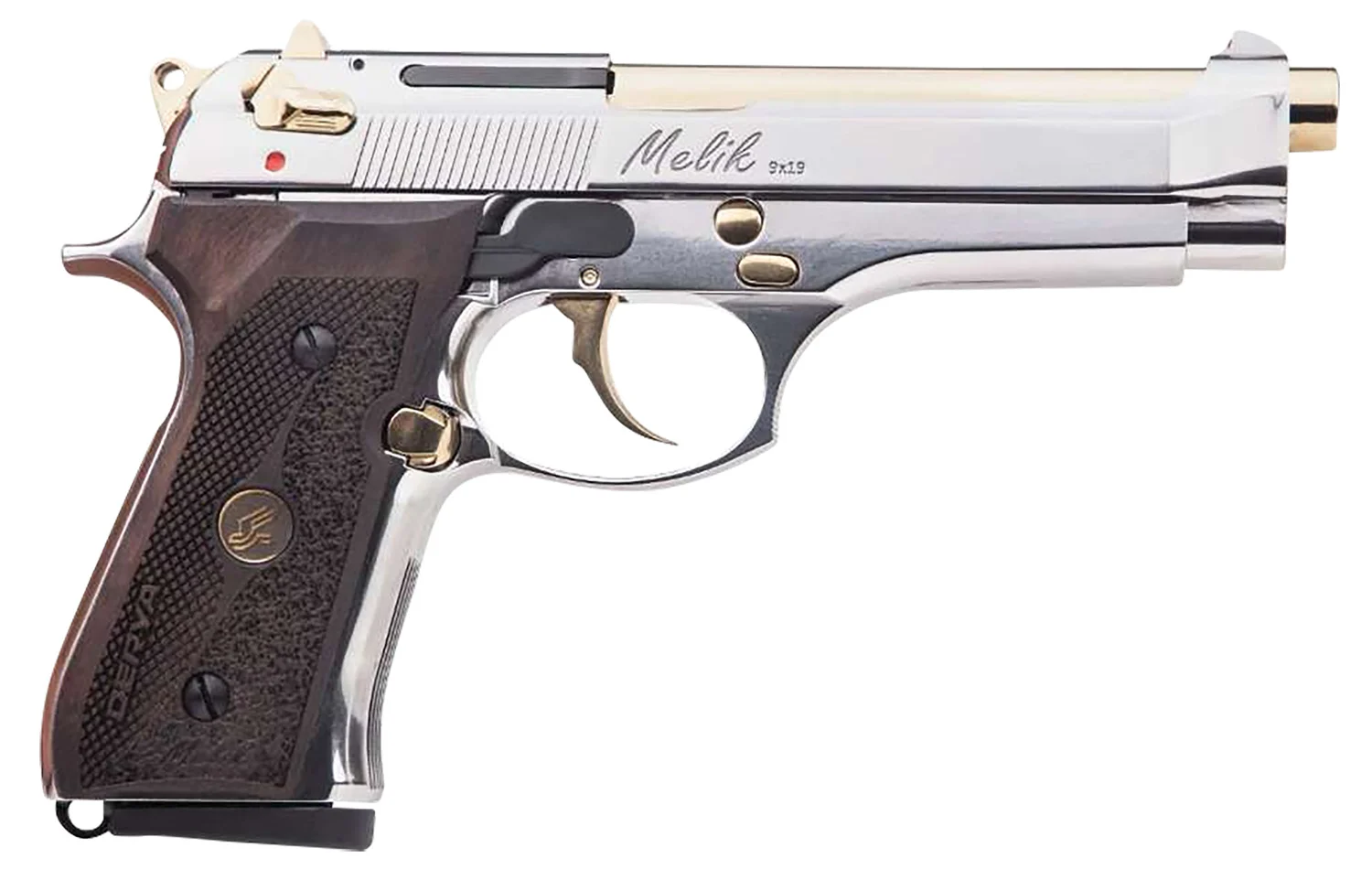 Derya Firearms 15L.MELIK9.NG.TR Melik 9mm Luger 15+1 4.90" Gold TiN Steel Barrel, Black Melonite Serrated Steel Slide, Black Aluminum Frame, Black Polymer Grip
