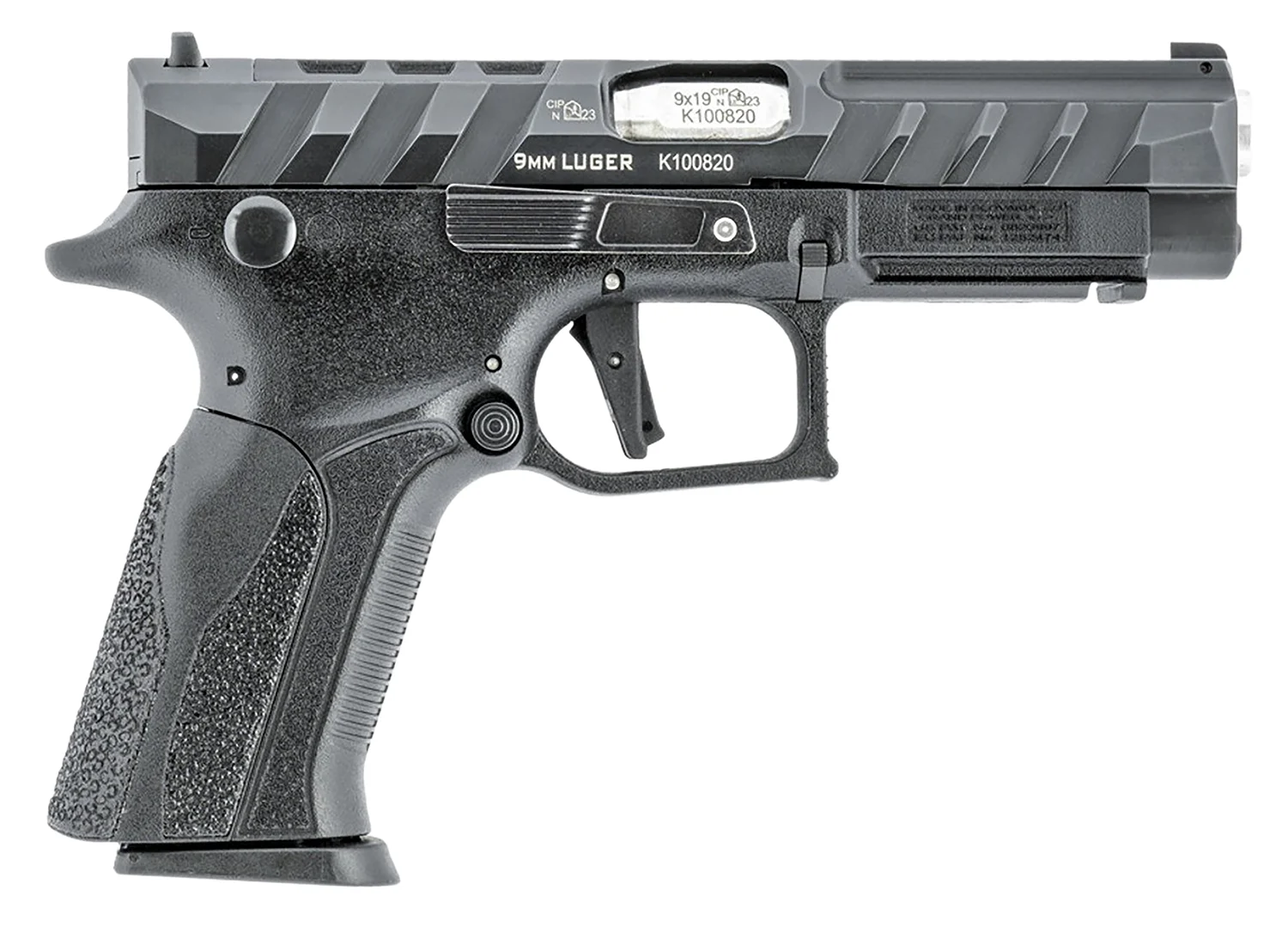 Grand Power 8588005808668 Q100 Mk23 9mm Luger 15+1 4.25" Stainless Rotating Barrel, Black Steel Optic Ready/Serrated Slide, Black Steel Frame w/Accessory Rail & Beavertail, Textured Grip