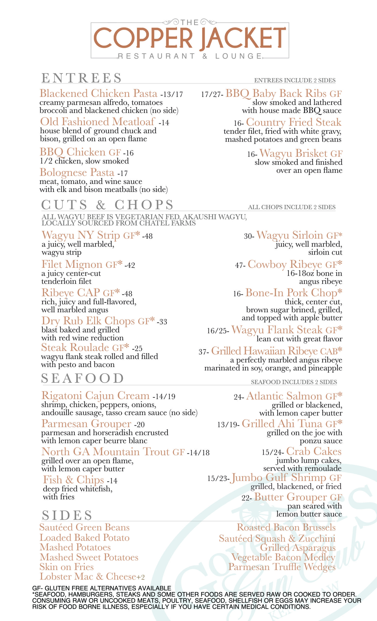 Dinner Menu Governors Gun Club