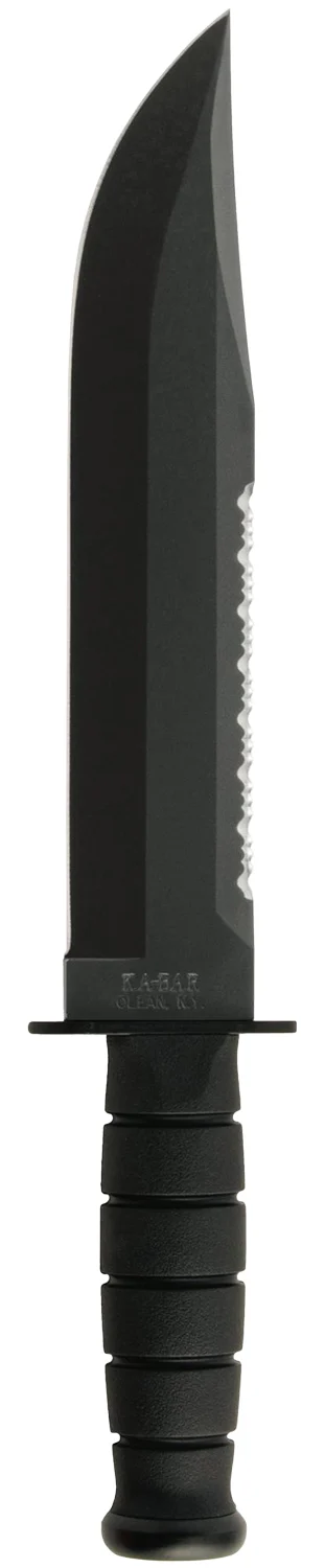 Ka-Bar 2211 Big Brother 9.38" Fixed Top Serrated/Bottom Straight Plain Black 1095 Cro-Van Blade, Black Kraton G Handle, Includes Sheath