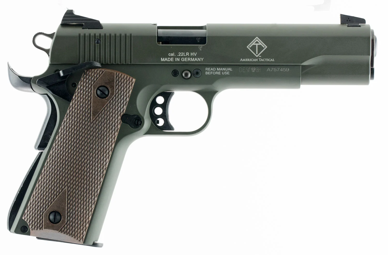GSG GSG2210M1911G 1911 22 LR 10+1 5" Threaded Barrel, OD Green Serrated Slide, OD Green Zinc Alloy w/Beavertail Frame, Double Diamond Walnut Grip