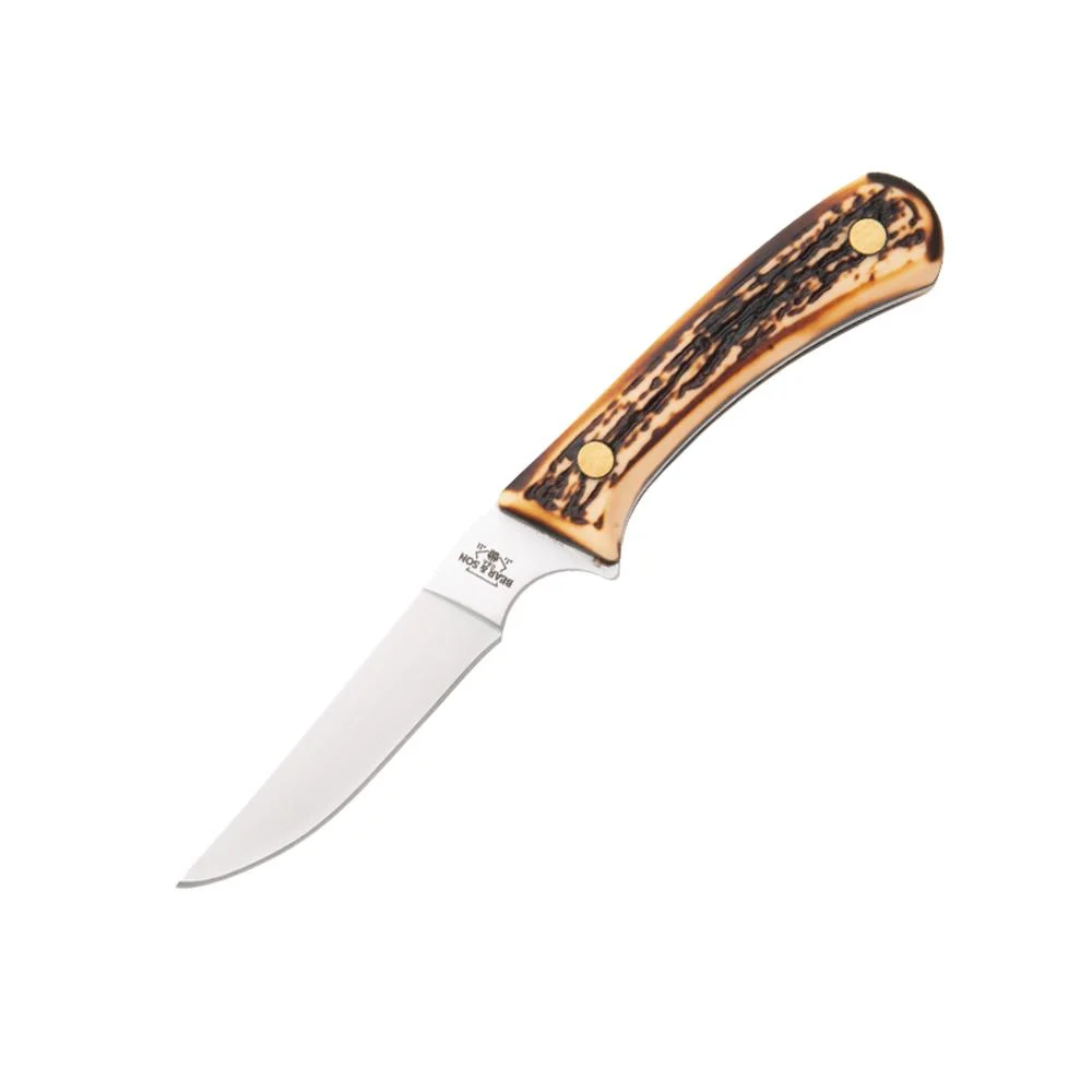 Bear & Son Bird & Trout Fixed Knife 3" Clip Point Blade Stag Delrin with Leather Sheath