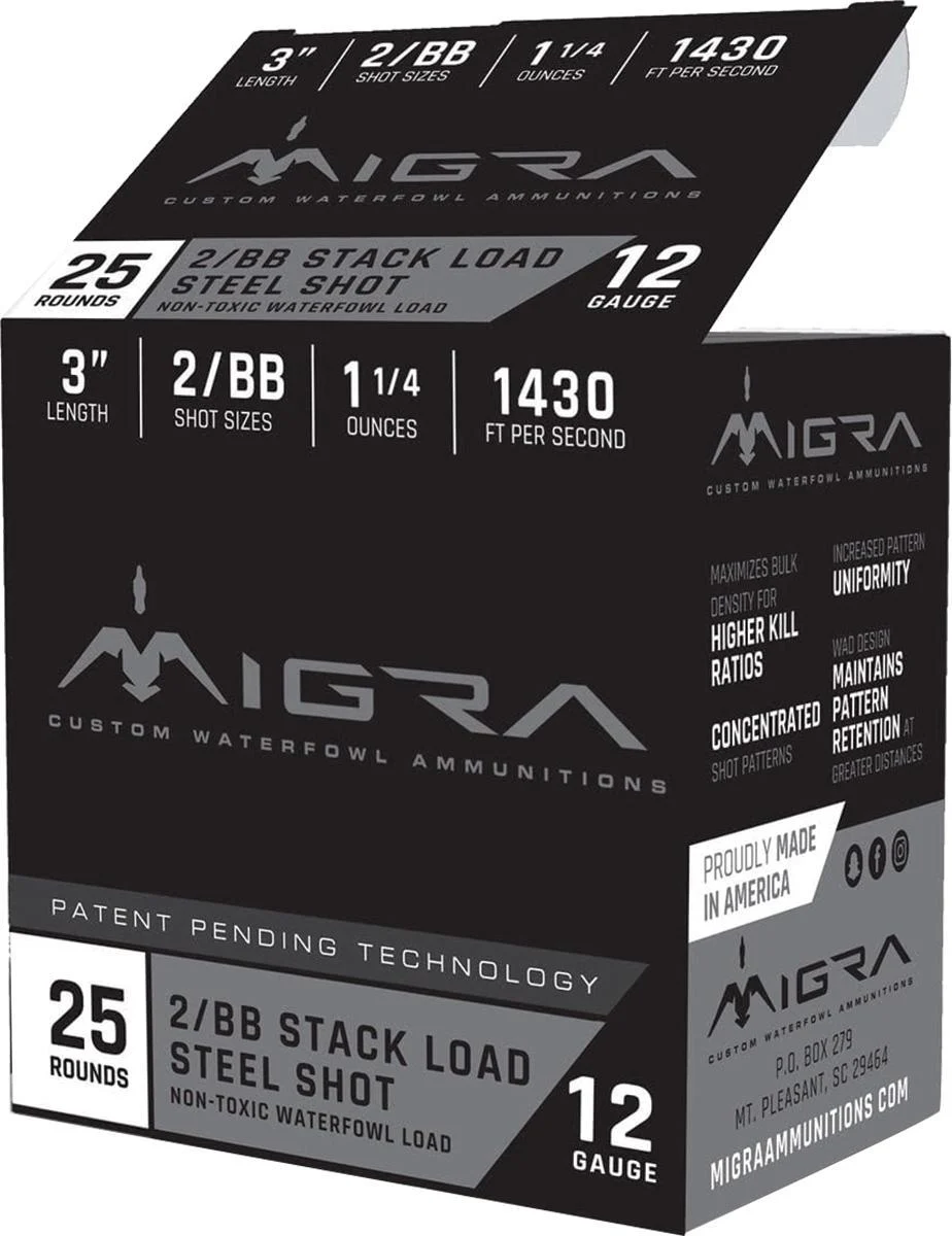Migra Waterfowl Steel Shot Shotshell 12 ga 3" 1-1/4 oz 1430 fps #2-BB 25/ct