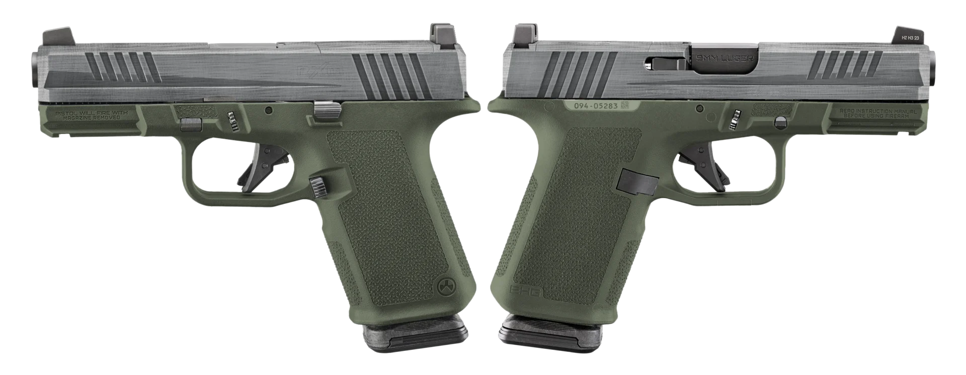RUGER RXM 9MM PISTOL 4" CRUSHED SILVER BATTLE WORN/GREEN O.R. 2-15RD MAGS - ORION EXCLUSIVE